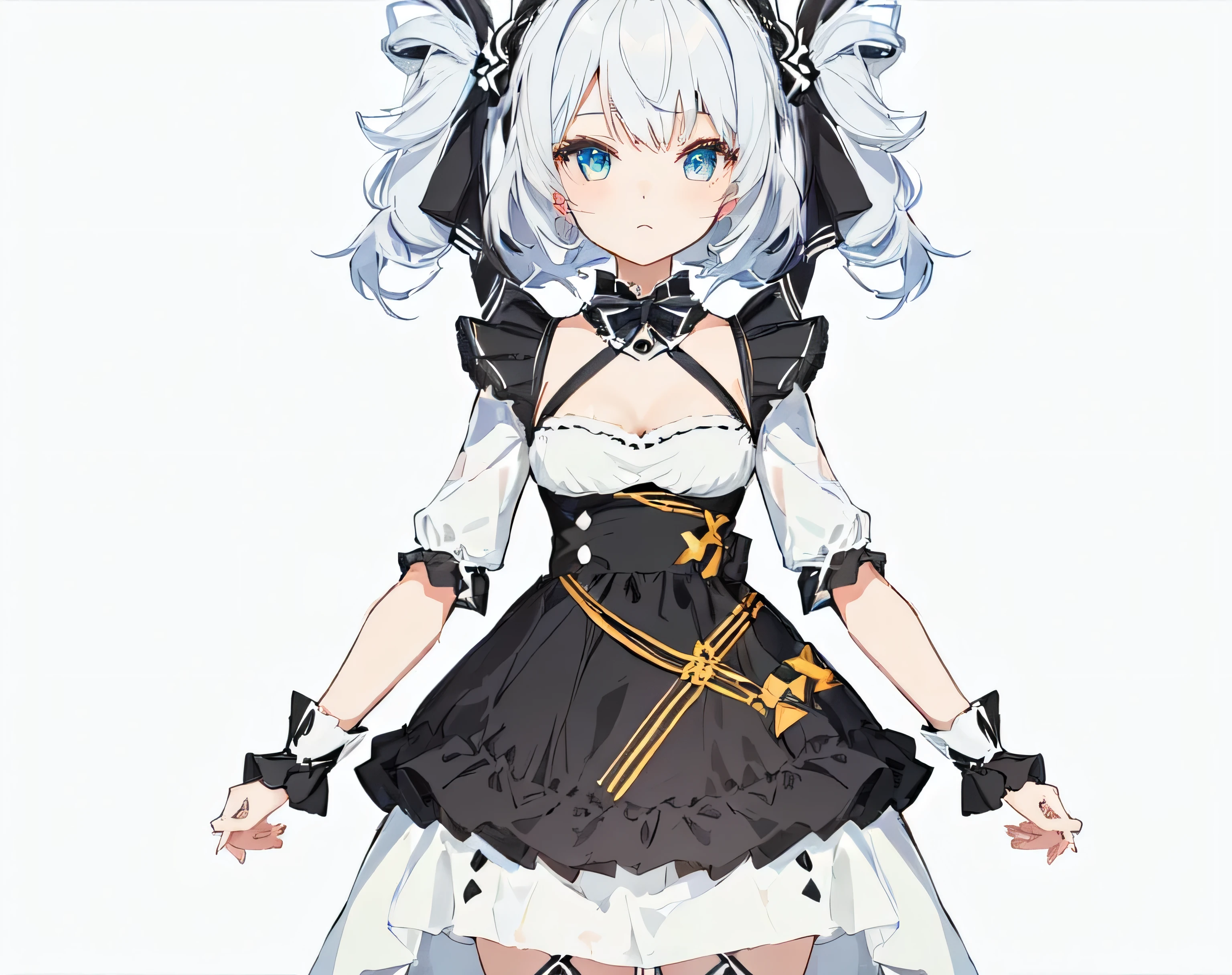 anime character with a black and white dress and a cat, loli in dress, , live2d virtual youtuber model, cute anime waifu in a nice dress, clear outfit design, anime moe artstyle, , anime girl in a maid costume, anime vtuber full body model, twintails white_gloves, kantai collection style,,Rich in details，Masterpiece，Clean shaping，best quality，beautiful clothes，With a collar