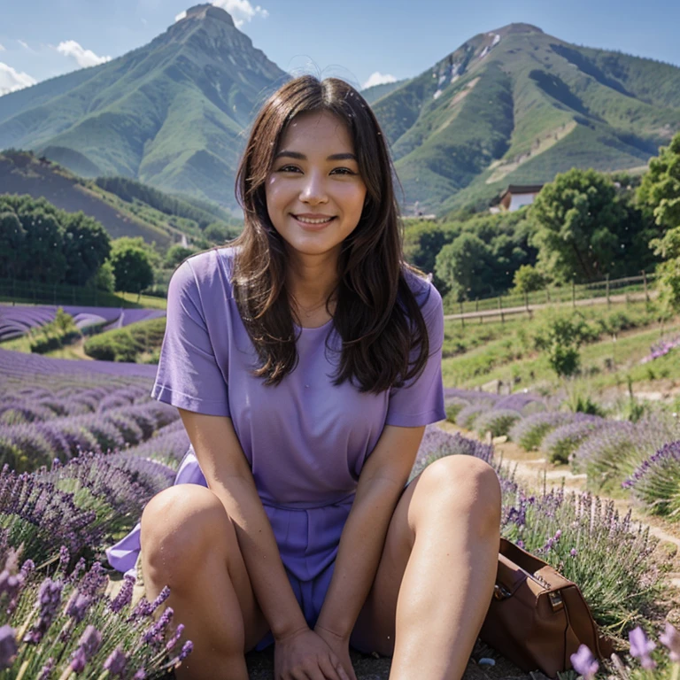 A 39 year-old beautiful woman sits in a lavender field, smile, blue-sky, baiyun, Far Mountain.