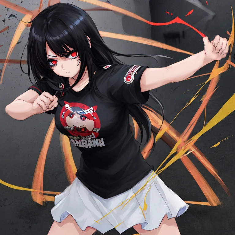 Chica anime, ruby eyes, presencia intimidante, tranquila y calmada, brazos cruzados, uniforme de My hero academy, ponla con una camiseta de banda de rock, cabello negro corto