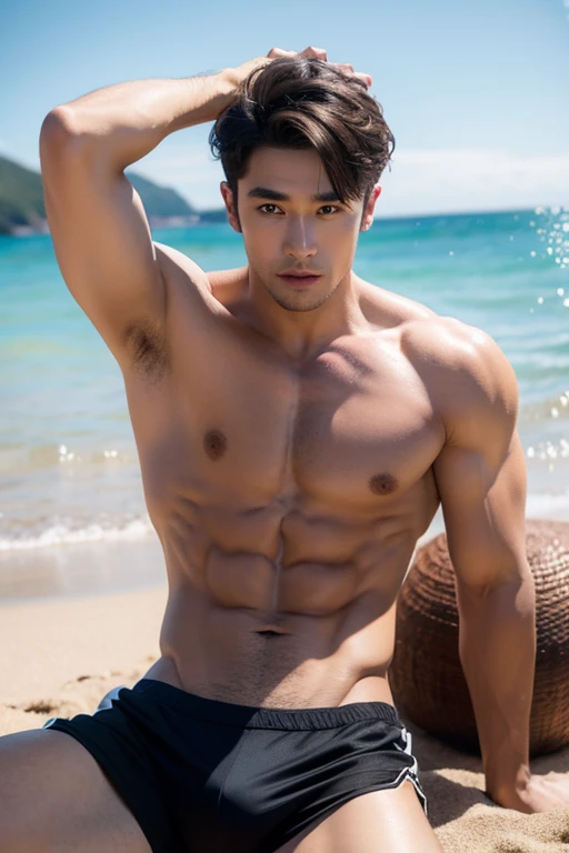 Handsome guy with abdominal muscles on the beach