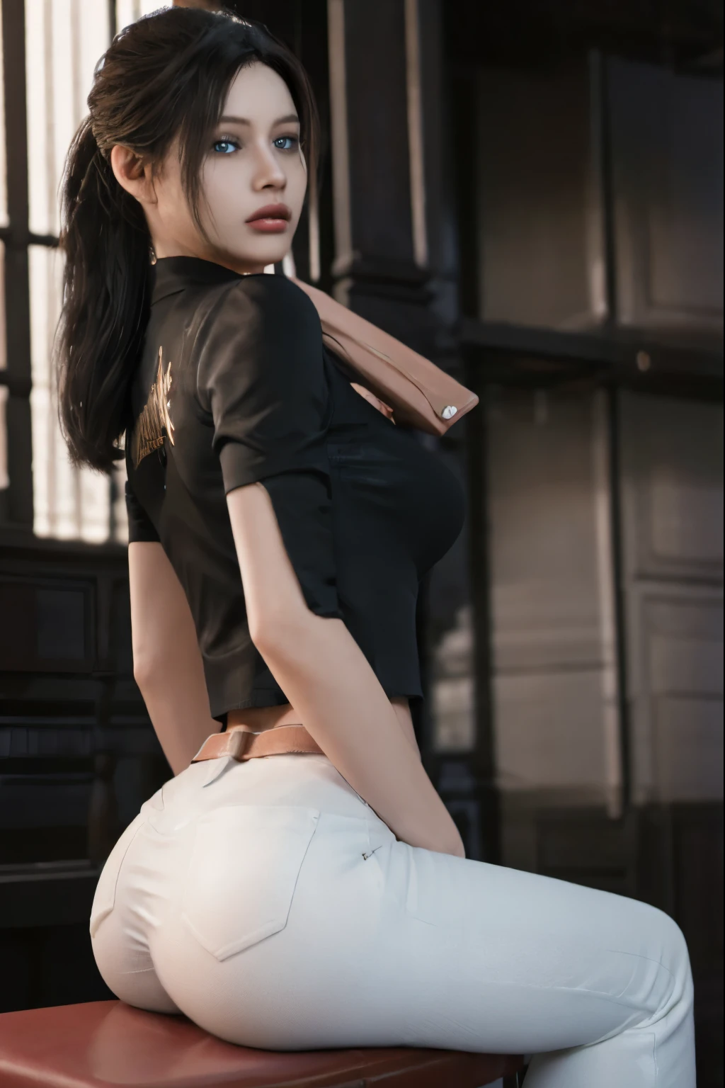 (masterpiece quality), 1girl , claireredfield2, wear white tight pants