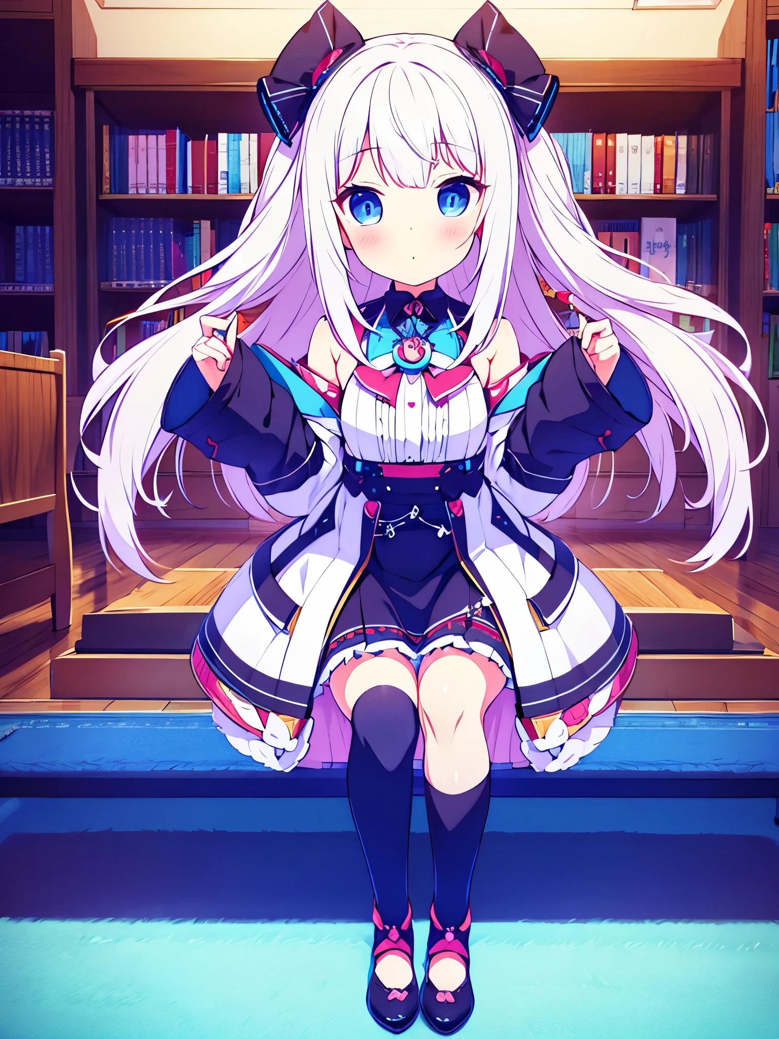 Vtuber lovely cute beautiful white hair blue eyes in room with a console controller in her hand broche gamer en su cabeza full body