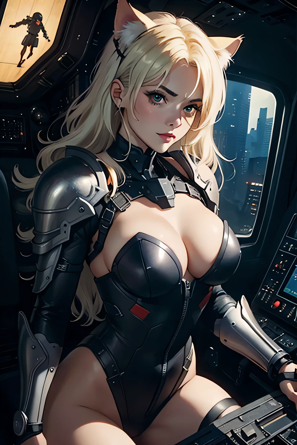((highest quality)), ((masterpiece)), (be familiar with), (High definition), 8K, Perfect Face、2Women、Two blonde women with cat ears、((Standing by in the mobile suit's 2cockpit))、Fearless smile、tall、2 Blonde cat ears、2. Long Hair、2. Volumetric hair style、Large Breasts、Narrow waist、Big Ass、glamorous、Alluring、protector、Armor、combat suit、Combat Boots、Armament、Cinematic、Best Shadow、Side lighting、NEO TOKYO、((cockpit))、(Close-up of face)