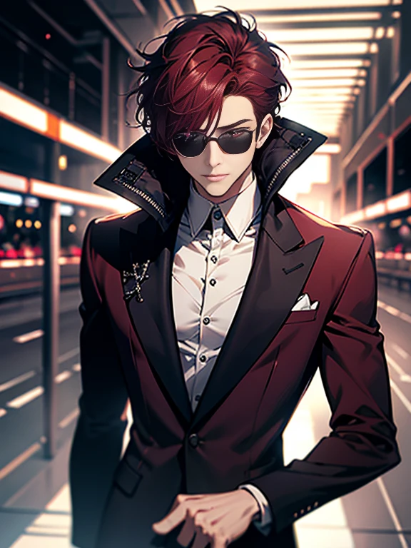 (ultra-detailed, perfect pixel, highres, best quality, beautiful eyes finely detailed), male, Short hair, Part bangs, Maroon hair, ruby eyes, dark blue suit, black hood, sunglass, modern, commander, motion blur, 8k, super detail, accurate, best quality, Ray tracing.