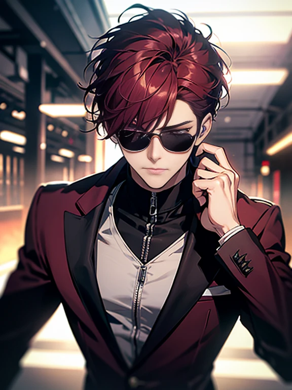 (ultra-detailed, perfect pixel, highres, best quality, beautiful eyes finely detailed), male, Short hair, Part bangs, Maroon hair, ruby eyes, dark blue suit, black hood, sunglass, modern, commander, motion blur, 8k, super detail, accurate, best quality, Ray tracing.