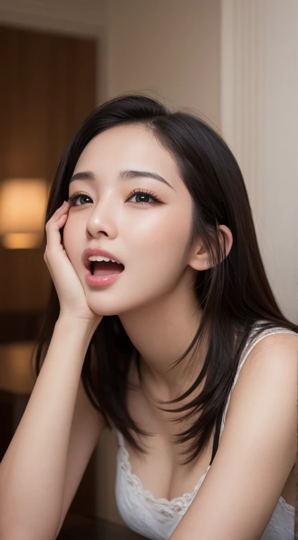 Tabletop, highest quality, figure, Very detailed, In detail, High resolution, 8k wallpaper, Perfect dynamic composition, Beautiful fine details , Hotel(but), Sexy Face,A face of ecstasy,The face at the peak of sexual arousal,???-excited face