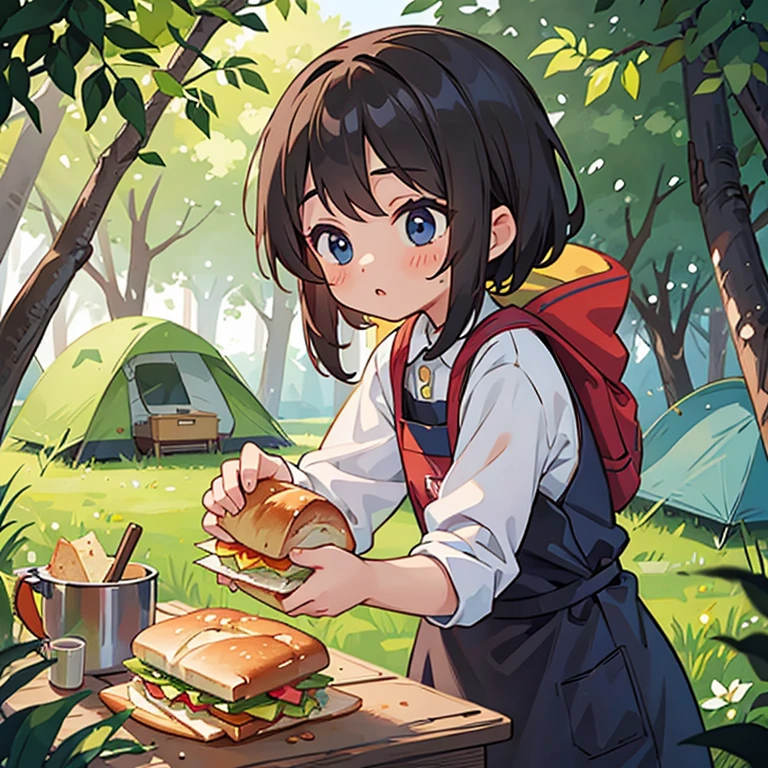 A girl making a hot sandwich at a campsite