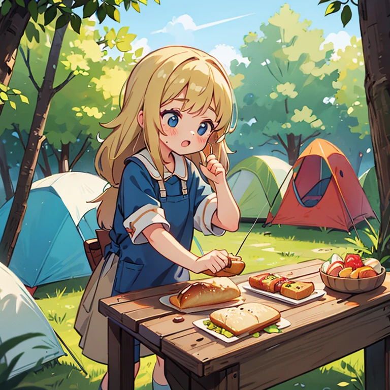 A girl making a hot sandwich at a campsite