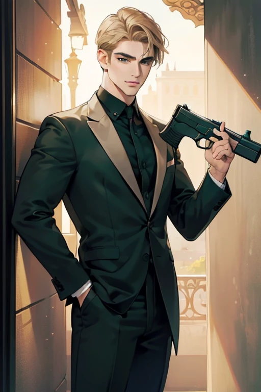 masterpiece, best quality, realistic, 1man, mature male, quiet and charming young man, 18 years old, close his eyes, smirk, closed mouth, extremely detailed face, a little distant, ((dark green eyes)), ((short-side-swept sandy blonde hair)), [thick eyebrows], mafia, full body, (in black suit), ((hold a gun)), accurate, detailed