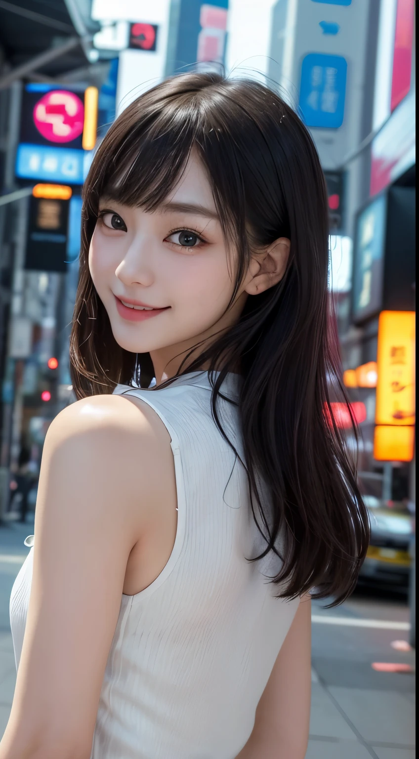 masterpiece, 1 beautiful girl, detailed, Swollen eyes, highest quality, 超High resolution, (reality: 1.4), Original photo, One girl, Cinema Lighting, smile, Japanese, Asian Beauty, Korean, clean, so beautiful, Small young face, Beautiful Skin, thin, Cyberpunk Background, (Ultra-realistic), (High resolution), (8k), (非常にdetailed), (Best illustrations), (Beautiful and detailed eyes), (非常にdetailed), (wallpaper), (detailedな顔), Viewers are watching, The finer details, detailedな顔, Pure Erotic Face Ace_v1, smile, 46 point diagonal bangs, Look straight ahead, Dress neatly, Dark Eyes, Sleeveless clothing, Body facing forward,