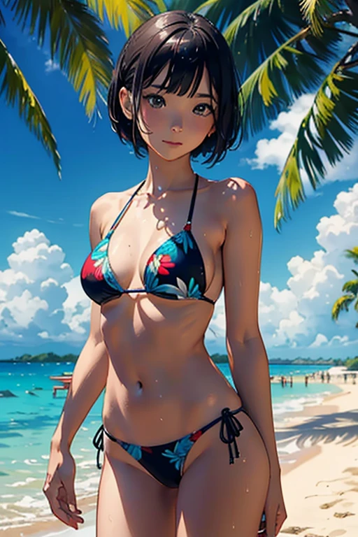 (highest quality, masterpiece, High resolution)、4K Anime Art、(1. Beautiful Japanese Woman、20-year-old)、(Upper Body、natural standing posture、)、 (Detailed depiction of a beautiful face)、Smiling Kindly、Small breastedium Short Hair、Bobcut、semi-long、Hair Bun、Small breasts、Slim figure、Medium Short Hair、Wet see-through bikini、(Swimsuits with ethnic patterns and primary colors)、Realistic Skin、Wet、(Beautiful tropical beach landscape photography)、Cinematic Light、tropical、Flowers on the Beach、Against the background of palm trees、With the sea in the background、Blur the background、