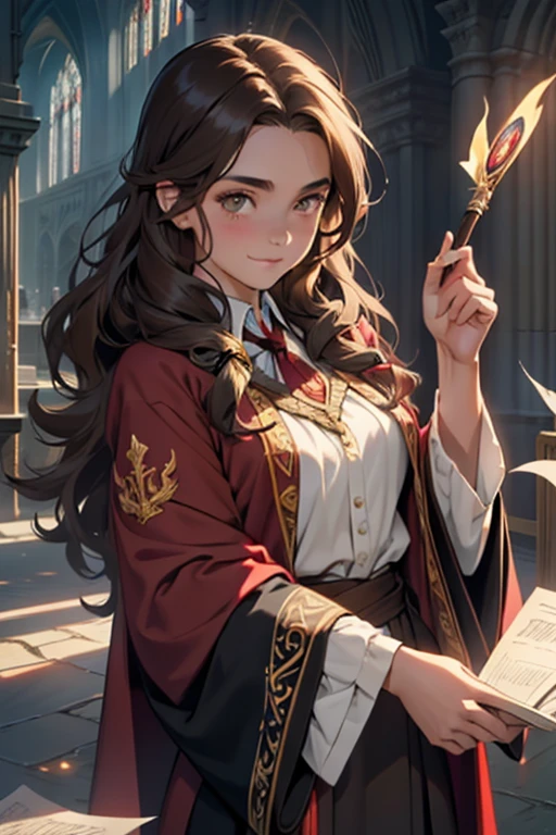 ((masterpiece:1.2), (best quality:1.2), looking at viewer, bare and fair skin,Wizarding world, shimmer reflected on hair, long hair fluttering in the wind, (wavy long hair), hair middle part, energetic , smily, happy , 15 year old eauropean girl, dark brunette hair, Brown eyes, victorian simple dress, gryffindor, red color, active young girl holding wand, medium B cup breast, charming young lady, Gryffindor robe, harry potter style, light brown eyes. With papers flying around.