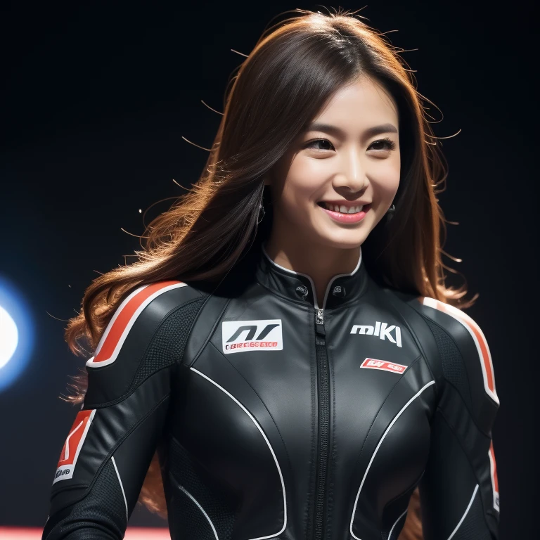 8k, masterpiece, highest quality, Realistic, Very detailed, 1 girl, Asian, Athletic build, Realistic skin texture, Long Hair, (chest:1.0), (smile:1.0), Gazing at the audience, (thin, Tight fitting rider suit), (Without helmet), Cinema Lighting, Face Focus, Beautiful Eyes, Detailed face, Bright Face, dawn, Racing car on background,Promotes style