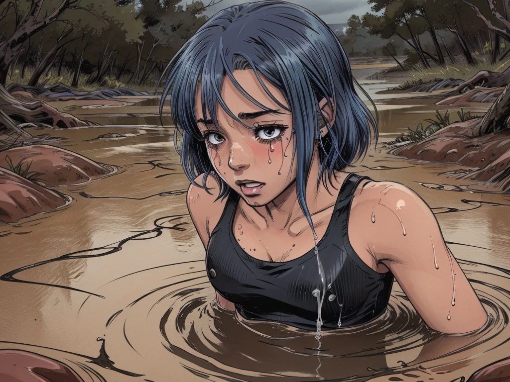 (best quality, highres), (anime), ( girl head), (colored hair), (gloomy orgasm:1.2), (blush), (black sporty top), (completely drowned in quicksand bog), (red), (blue), (crying tears),