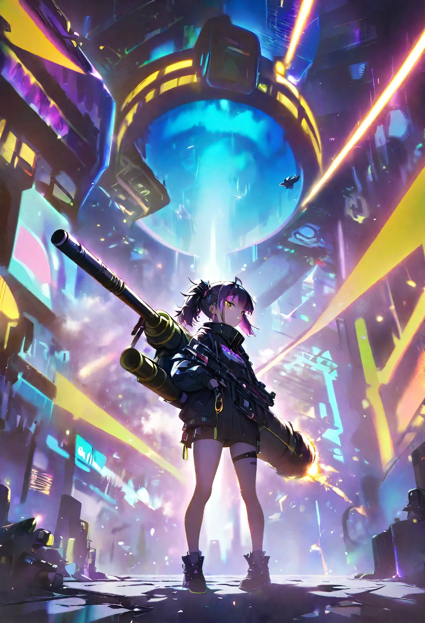 One girl、Neon Art、cyber punk、arms、Pistol、Rocket Launcher、missile