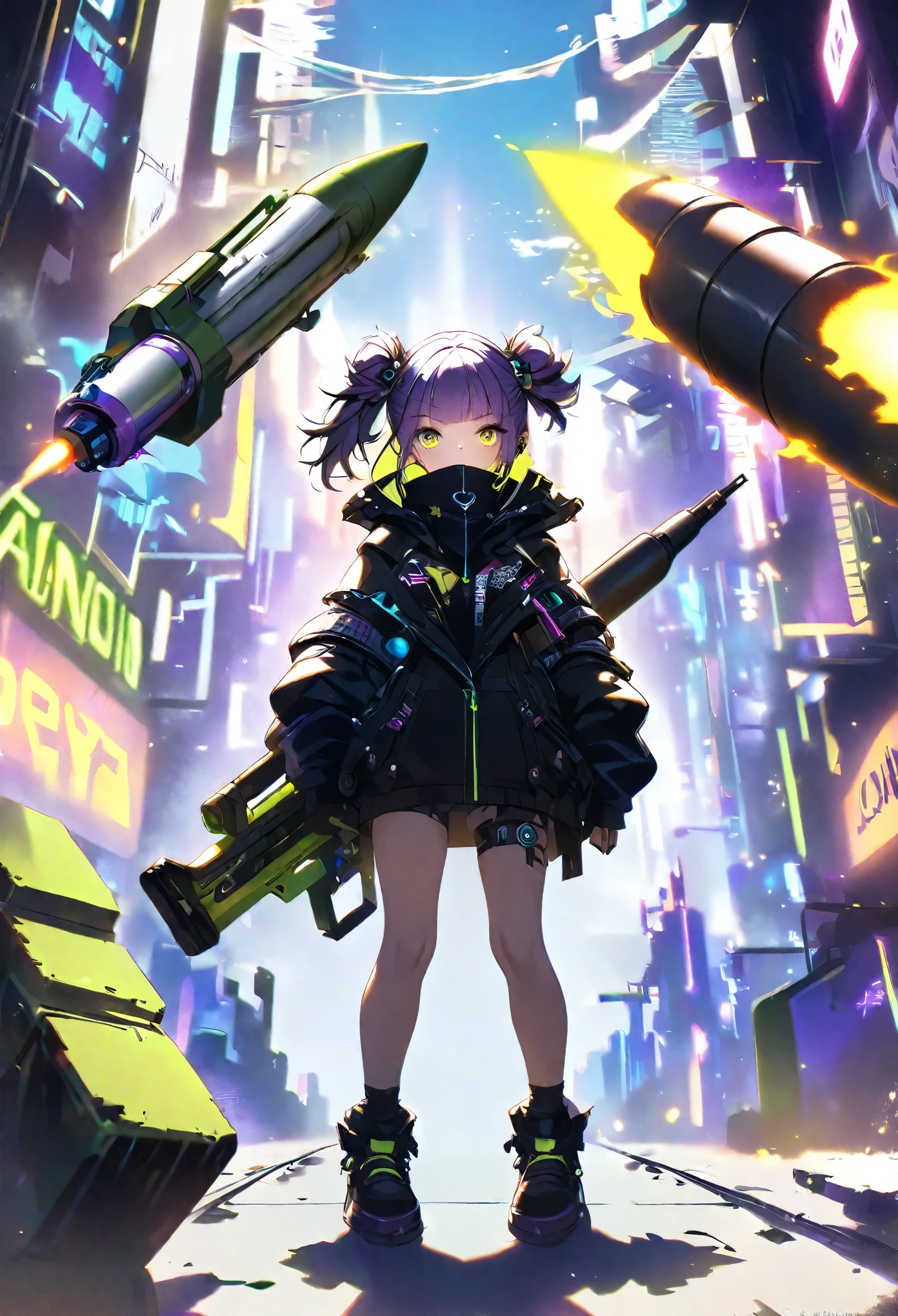 One girl、Neon Art、cyber punk、arms、Pistol、Rocket Launcher、missile