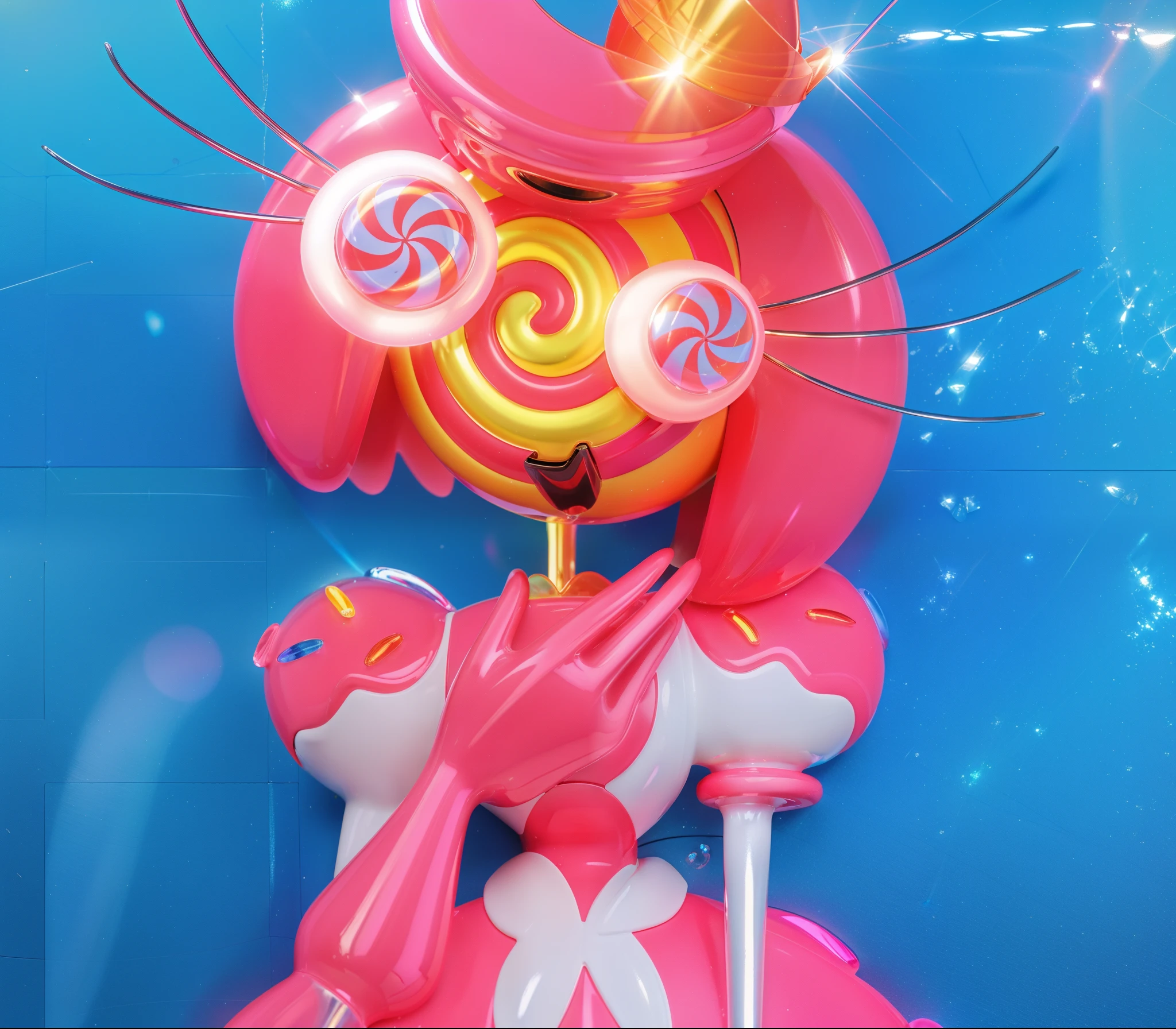 A queen made of candy, with pink icing, a crown, and two hands. She is wearing a pink dress and standing on a blue surface. with a pink melting plastic hands. melting glossy. glossy texture, smooth 3d model, multiple light sources, rim light, sharp post effects render, (glossy plastic texture with multiple big light probe refractions), perfect cgi, smooth silhouette, high intensity refraction, (super glossy material), most beautiful vfx, blue background, plastic refractions, realistic, 4k, high resolution, rim light, photo shoot, commercial photo, profile shot, 4k, rim light, high resolution, 4k, glossy texture, smooth 3d model, multiple light sources, rim light, sharp post effects render, (glossy metallic texture with multiple big light probe refractions), perfect cgi, cgi art created only with gradients, smooth silhouette, high intensity refraction, (super glossy chrome material), most beautiful vfx, blue background, chrome metal refractions, multiple light sources, rim light, sharp post effects render, perfect cgi, digital art, detailed digital art, reflective, best quality, 4k, masterpiece:1.2, ultra-detailed, realistic, vivid colors, dark and moody lighting, The image of the highest quality, ensuring every detail showcased perfectly. It in 4k resolution, allowing viewers to immerse themselves in the richness of the colors and intricate details. The realistic rendering. under the spotlight, reflecting, high-resolution image, realistic rendering, dark background, and rim light photorealistic