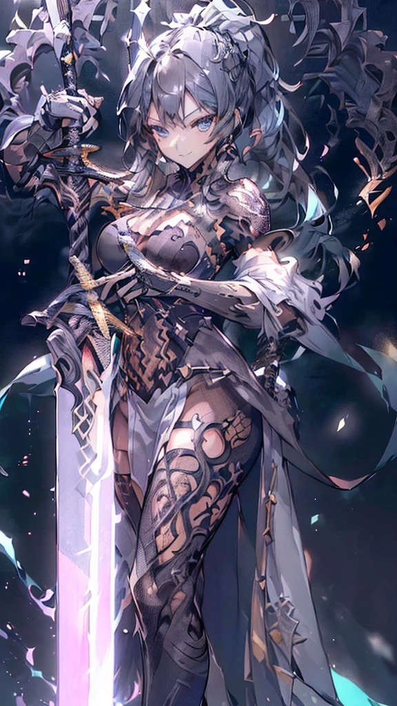 (((((extremely detailed CG unity 8k wallpaper)))), (((ultra-detailed))), (((extremely detailed))), (((best illustration))), best illumination, ((extremely delicate and beautiful)), ((an extremely delicate and beautiful girl)), colourful, modern, ((girl (solo))), ((finely detailed beautiful eyes and detailed face)), (((black hair))), (((really long ponytail))), shiny hair, ((blue eyes(glowing))), beautiful detailed eyes, mature female, delinquent girl, ((black tattoo on thigh)), slender, medium breast, (((intricate details))), ((((sword in one hand)))), big weapon, wearing cool clothes, bishoujo, smile, cold stare, cool