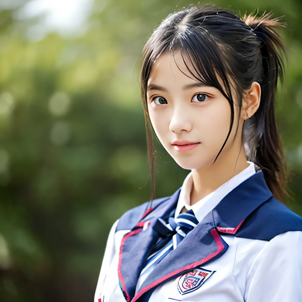 High school girl with black eyes、black hair in ponytail、Wearing a uniform、Model Body Type