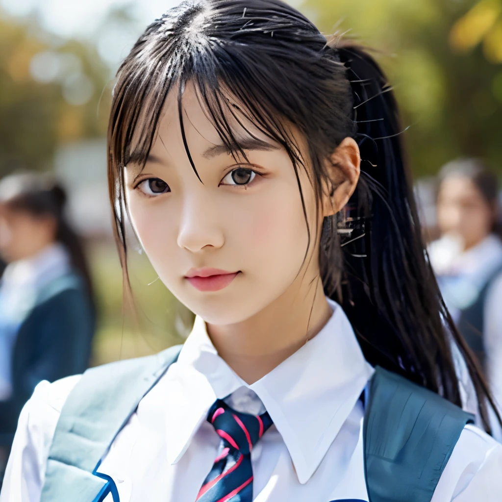 High school girl with black eyes、black hair in ponytail、Wearing a uniform、Model Body Type
