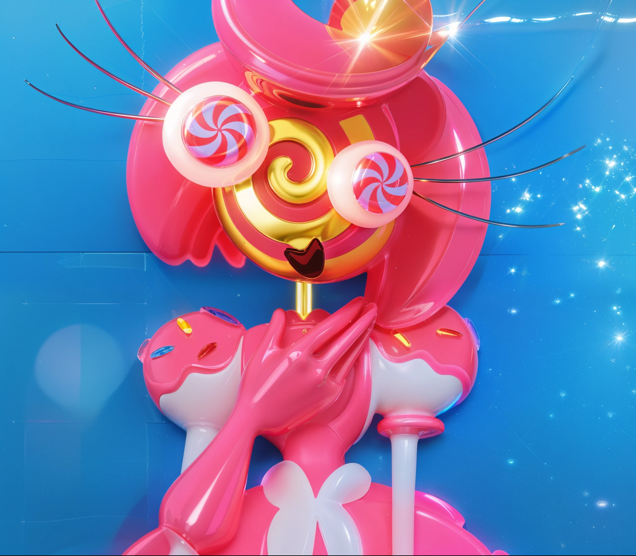 A queen made of candy, with pink icing, a crown, and two hands. She is wearing a pink dress and standing on a blue surface. with a pink melting plastic hands. melting glossy. glossy texture, smooth 3d model, multiple light sources, rim light, sharp post effects render, (glossy plastic texture with multiple big light probe refractions), perfect cgi, smooth silhouette, high intensity refraction, (super glossy material), most beautiful vfx, blue background, plastic refractions, realistic, 4k, high resolution, rim light, photo shoot, commercial photo, profile shot, 4k, rim light, high resolution, 4k, glossy texture, smooth 3d model, multiple light sources, rim light, sharp post effects render, (glossy metallic texture with multiple big light probe refractions), perfect cgi, cgi art created only with gradients, smooth silhouette, high intensity refraction, (super glossy chrome material), most beautiful vfx, blue background, chrome metal refractions, multiple light sources, rim light, sharp post effects render, perfect cgi, digital art, detailed digital art, reflective, best quality, 4k, masterpiece:1.2, ultra-detailed, realistic, vivid colors, dark and moody lighting, The image of the highest quality, ensuring every detail showcased perfectly. It in 4k resolution, allowing viewers to immerse themselves in the richness of the colors and intricate details. The realistic rendering. under the spotlight, reflecting, high-resolution image, realistic rendering, dark background, and rim light photorealistic