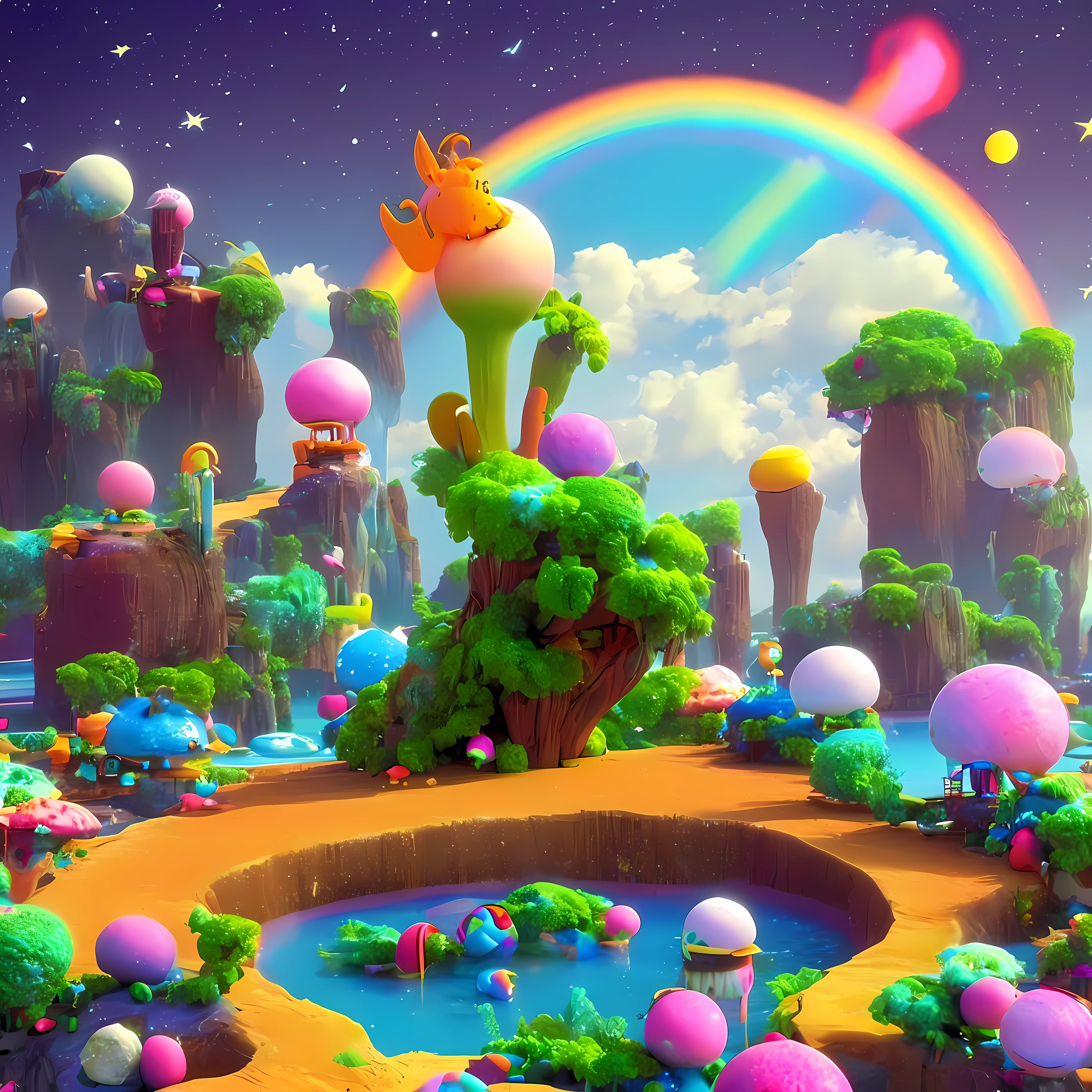 Amazing happy fantasy planet with rainbow, cotton candy and cute animals, inanimate pop dragon, 3D