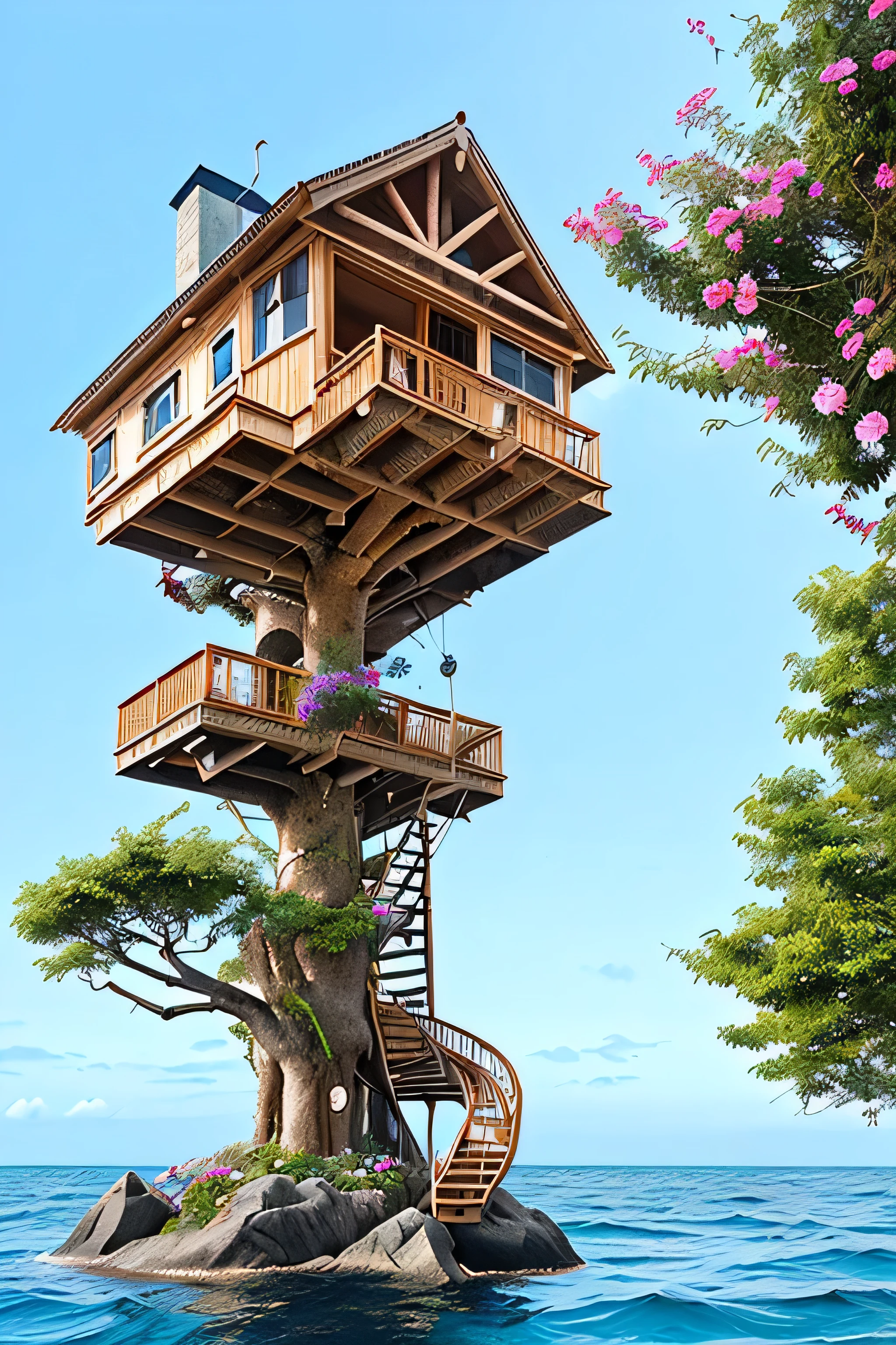 Perfection The Coolest tree house on a large rock in the middle of the sea with flowers in front of the house and trees on both sides of the house