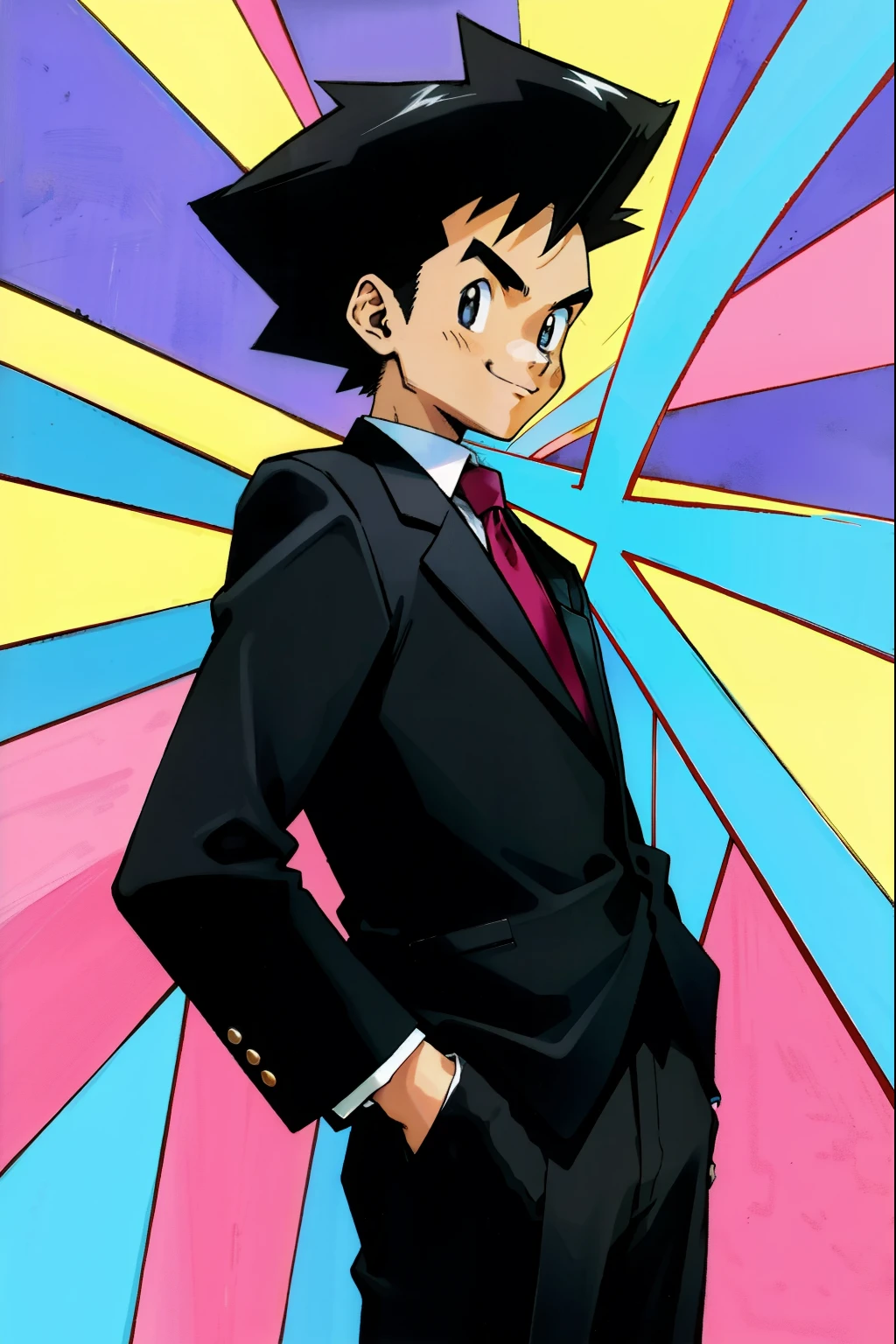 by Ken Sugimori, sugimori 1990s, ((only 1man)), black business suit, smiling ((hands behind their back)), full black pupils, manga, best quality, highly detailed, clean lines, cowboy shot, good hands, good eyes, hd, 8k, professional, symmetrical, hires, 8k,
