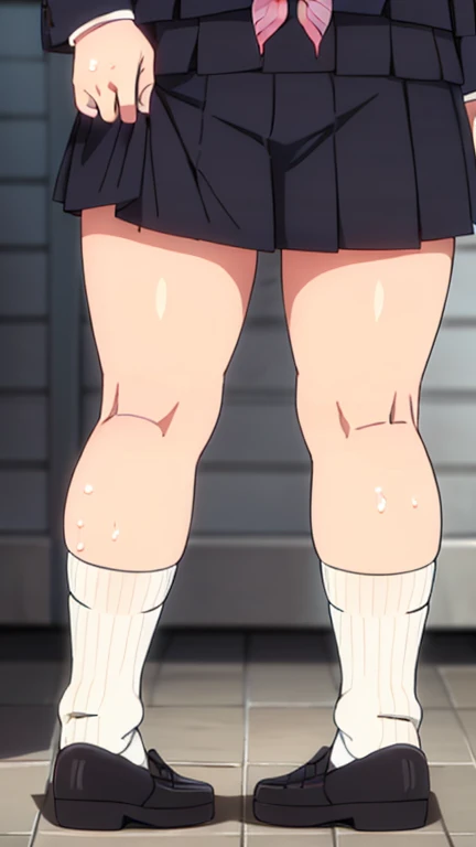 PlumpOzawa,1girl,
serafuku, neckerchief,
pleated skirt,
socks,shoes, full body view, chubby body, fat face, short hair, shy, small breasts, upskirt focus view, pink striped panties, wet panties, panties close focus, under view, skirt lift, wet legs