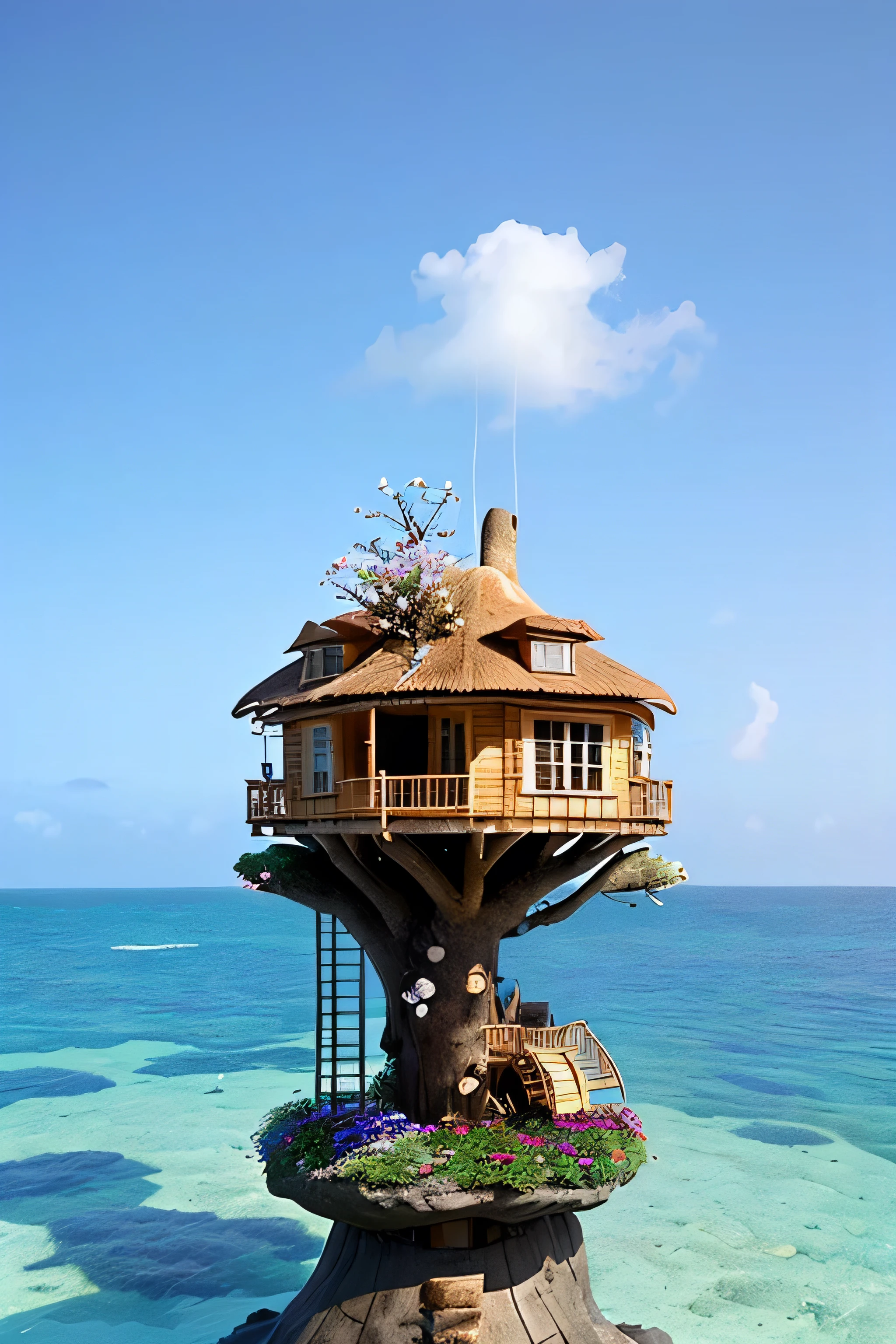 Perfection The Coolest tree house on a large rock in the middle of the sea with flowers in front of the house and trees on both sides of the house