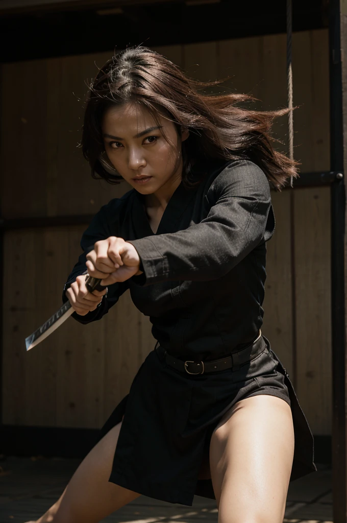 Lady samurai swing her katana swiftly, dark style, combat action, photo realistic, HD