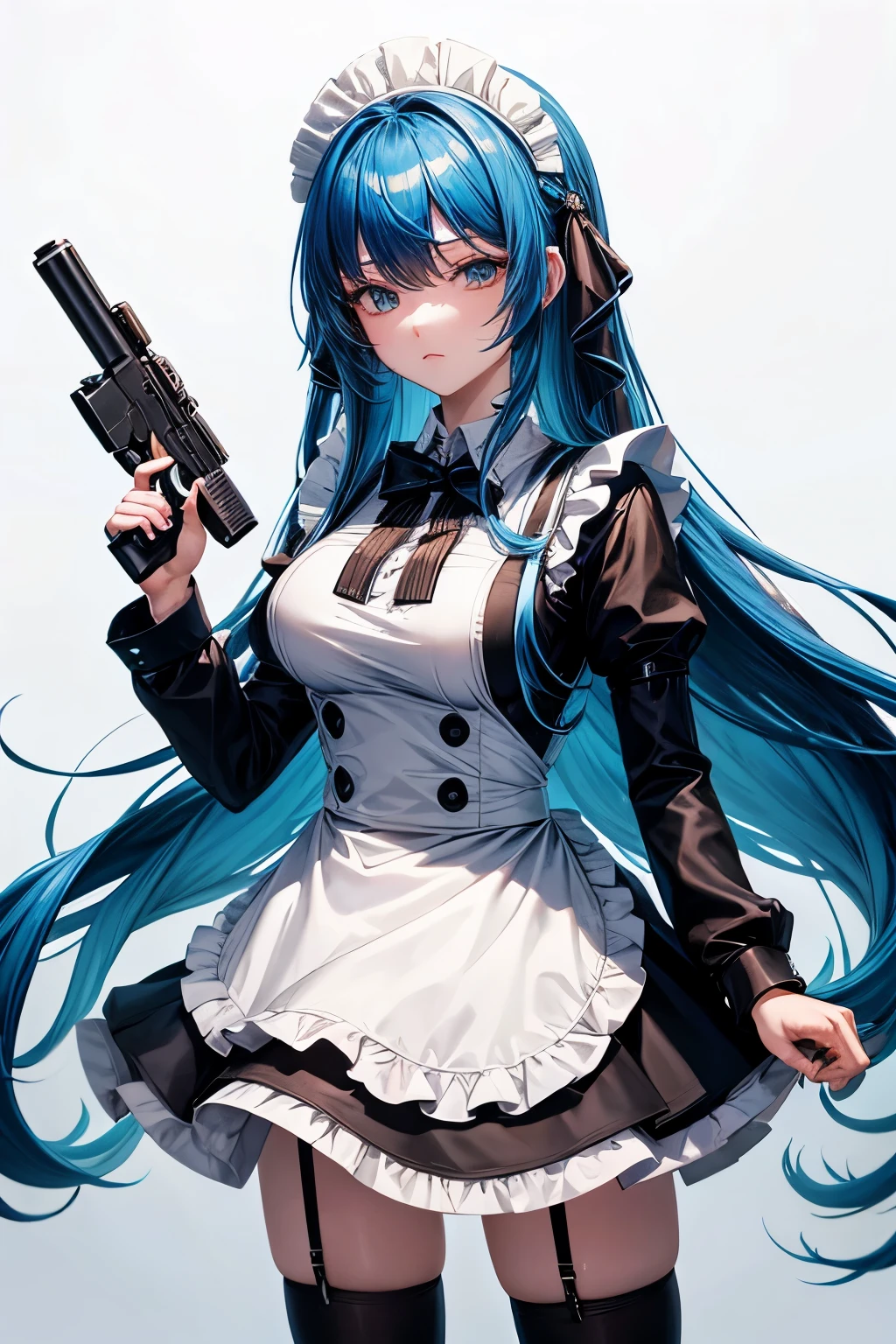 Android maid with long hair, blue hair, silent, gun-toting, big-breasted, willing to do anything for her master