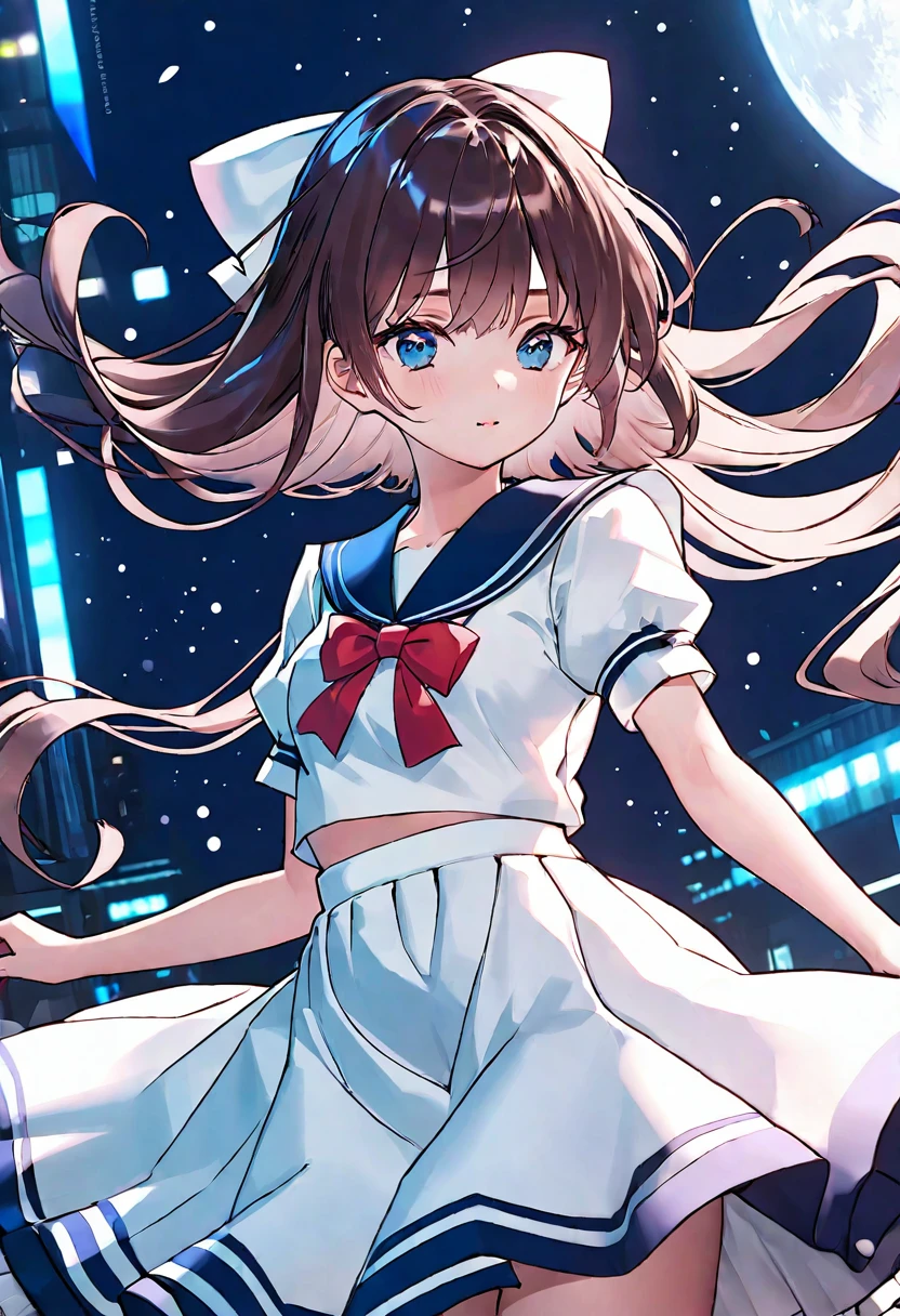 (best quality,4k,High resolution),Ultra-detailed,Realistic,portraits, Japanese , yeux verts, longs cheveux bruns,animated style,futuriste, Aesthetic Frutiger Aero, eco-modernism, Bokeh, bandeau ruban, poitrine,futuriste sailor lolita dress,manches bouffantes,blanc et bleu,Colorful lighting, ruban rouge, collants bleu marine, chaussures d&#39;school, cartable, crest of the&#39;school, bulles flottantes, standing in a green field with futuriste skyscrapers in the background, couleurs tertiaires, Very detailed, 4k.