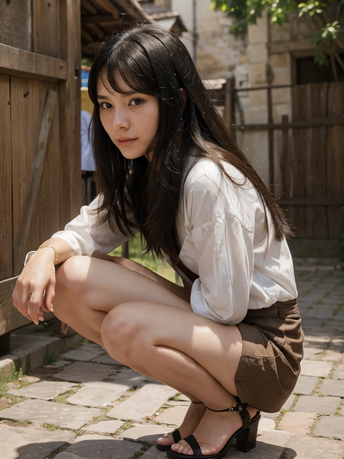 Girl catching a mouse、Alone、16th century village、Real、Black Hair、Beautiful girls