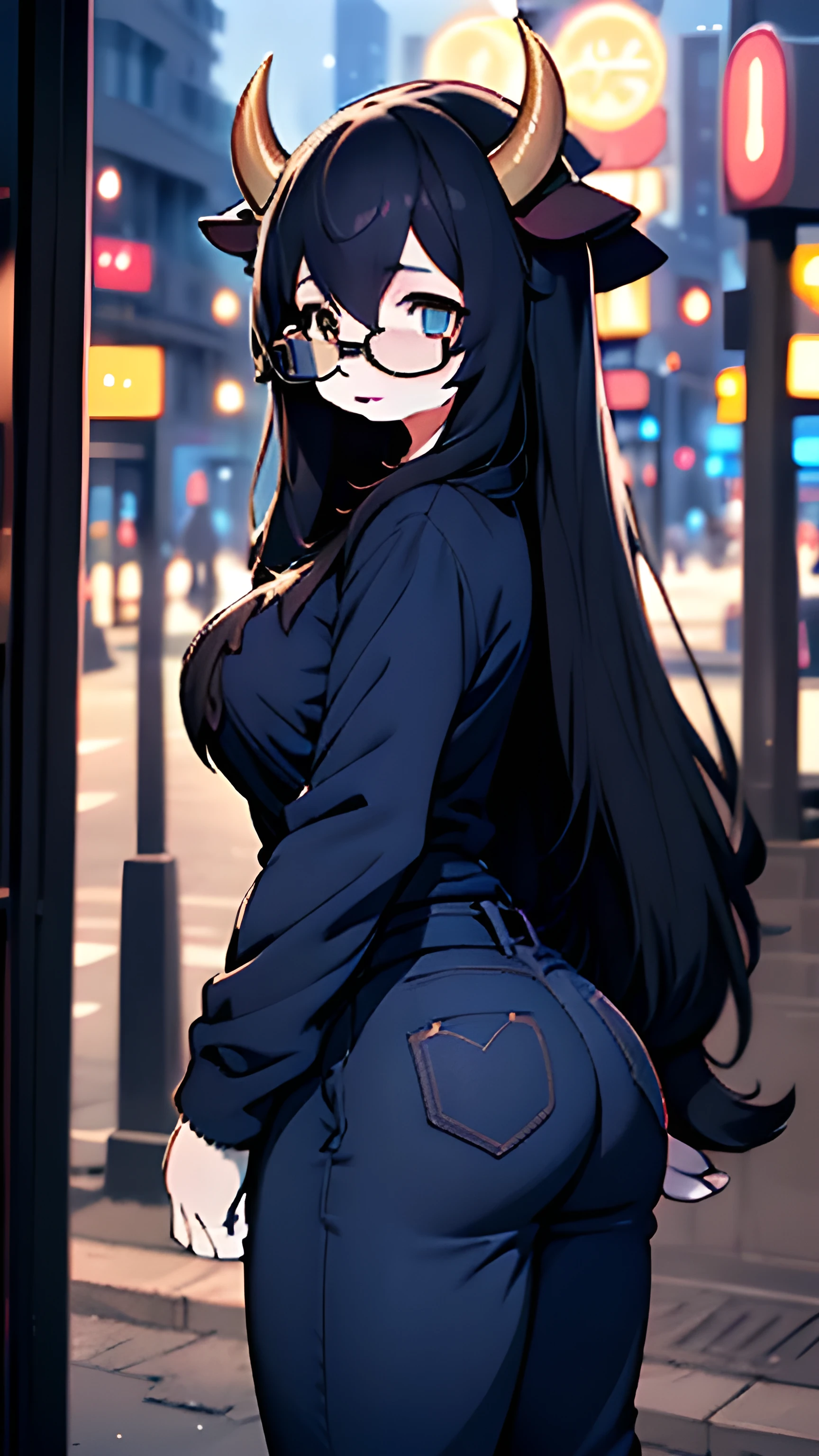 Perfect quality，Perfect human anatomy，Eyes Girl，Black Hair，furry，Cow Girl，Full figure，Big Ass，Full of figure，Perfect ass，Girl with glasses，Big breasts，Girl with horn on her head，Horns，horn，Bending horn，Light and Shadow，fine lines，Mature，big sisteneLight and Shadow，fine，Outdoor Background，Street background，dark blue shirt，Dark blue trousers，Highlight the essentials，A tired look，Dark hair，Dark hair