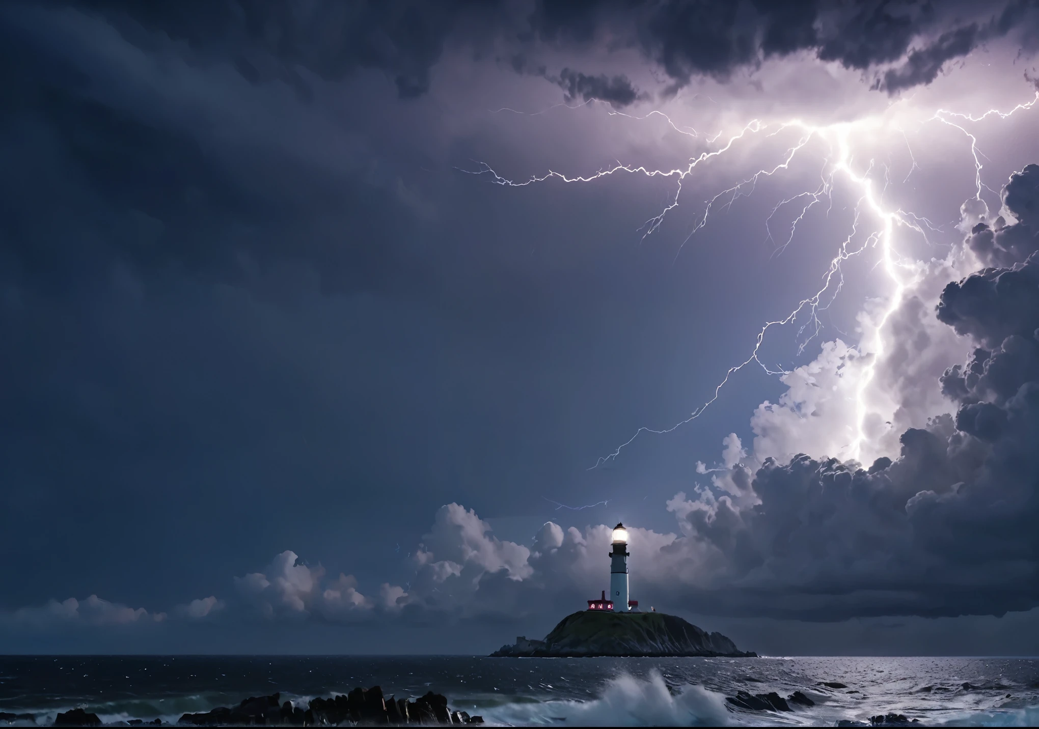 Crystal Cloud, Lightning strikes、Cape Lighthouse, Atmospheric perspective, 8k, Super Detail, Accurate, highest quality, lightning、Sharp images、High color reproducibility、Attention to detail、live-action、Alluring、