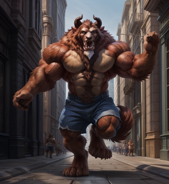 A photorealistic image of the Beast from the movie Beauty and the Beast, super muscular giant, with muscular arms, broad shoulders, giant and toned physique, bursting muscular veins, blue eyes, tail, super furry brown fur, backward facing horns, with veins jumping, barefoot, 50 meter tall supergiant in the center of a city, wearing a blue trench coat, Lora:, full height. 4K, high resolution, best quality, (strong pecs, big defined muscles, muscular shoulders), correct anatomy, (by Wfa:1.0), (by Takemoto Arashi:1.0), (by Taran Fiddler:0.5), sensual, (shorts red, topless), sensual shadows, slender posture, open mouth, exposed tongue, open eyes:1, detailed eyes