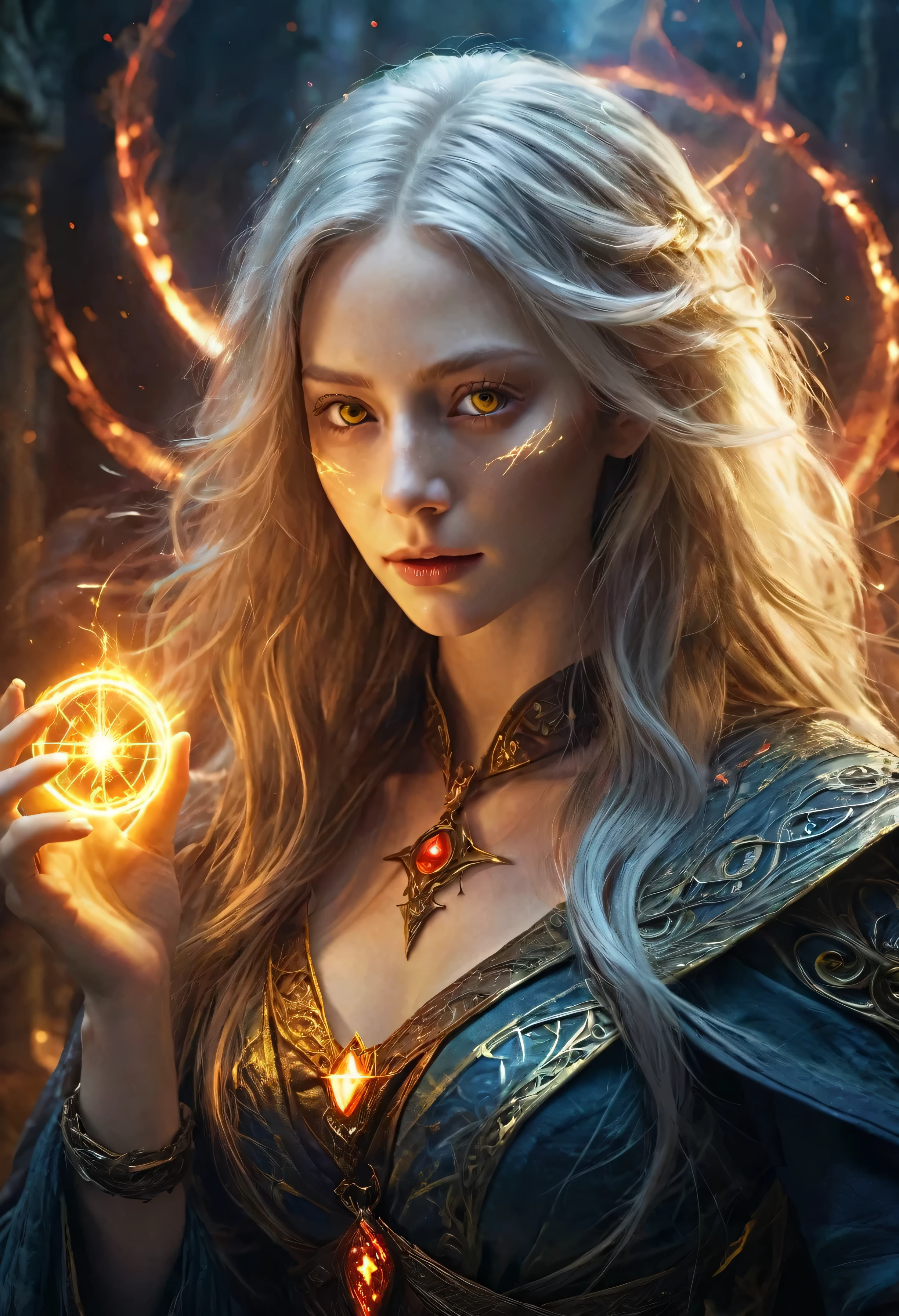 1 girl,adult (elven:0.7) woman,freckles,yellow eyes,gray long hair,
solo,half shot,looking up,detailed background,detailed face,(glowing eyes:1.05),dilated pupils,summoner,unholy,intricate necromancer clothes,amulet,conjuring,movement,evil smile,ritual,pentagram,surrounded by dark  dark magical inscriptions,red swirling summoning energy,(style-swirlmagic:0.7),calling forth evil power,tower background,dark glowing aura,ethereal atmosphere,summoning Phoenix