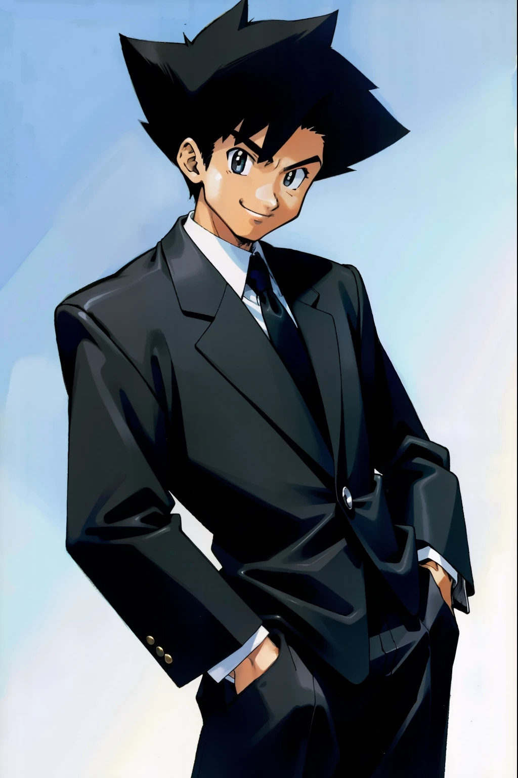 by Ken Sugimori, sugimori 1990s, ((only 1man)), black business suit, smiling ((hands behind their back)), full black pupils, manga, best quality, highly detailed, clean lines, cowboy shot, good hands, good eyes, hd, 8k, professional, symmetrical, hires, 8k,