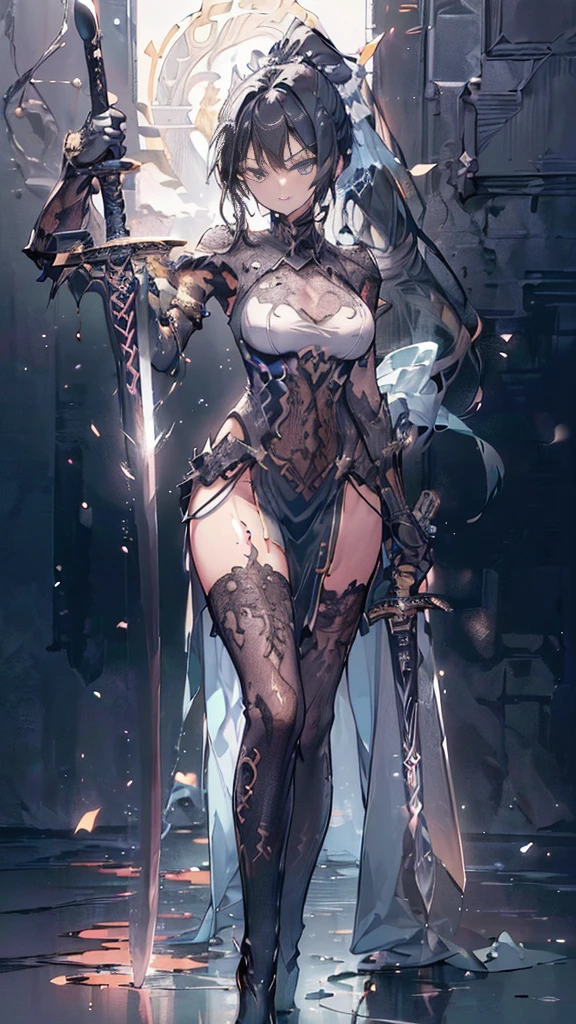 (((((extremely detailed CG unity 8k wallpaper)))), (((ultra-detailed))), (((extremely detailed))), (((best illustration))), best illumination, ((extremely delicate and beautiful)), ((an extremely delicate and beautiful girl)), colourful, modern, ((girl (solo))), ((finely detailed beautiful eyes and detailed face)), (((black hair))), (((really long ponytail))), shiny hair, ((blue eyes(glowing))), beautiful detailed eyes, mature female, delinquent girl, ((black tattoo on thigh)), slender, medium breast, (((intricate details))), ((((sword in one hand)))), ((big weapon)), wearing cool casual clothes, bishoujo, smile, cold stare, cool