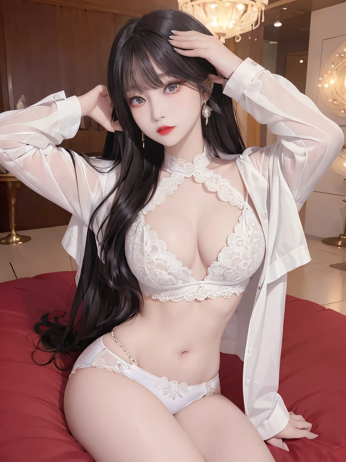 Top image quality、Raw photography、A high resolution、20-year-old cool Korean、big round chest、thin silk jacket、red lace underwear、Beautiful Eyes of Details、very elongated eyes、Beautiful eyelashes、Beautiful double eyelids、eyeshadows、 wearing super tight mini boxers,long legs,medium thighs, beautiful eyes finely detailed、elongated eyes、long eyeslashes、Beautiful double eyelids、eyeshadows、earrings、shiny white skin、