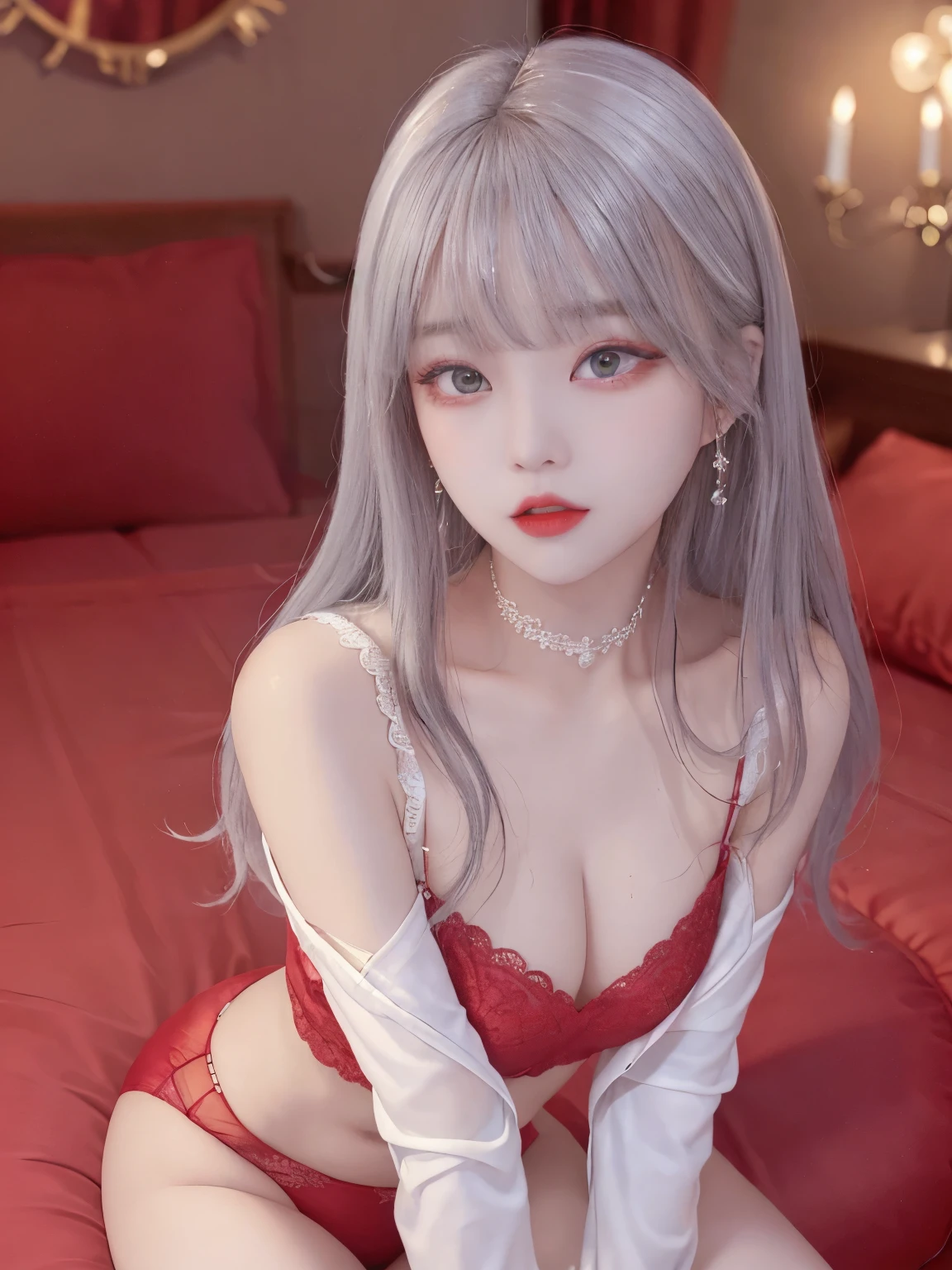 Top image quality、Raw photography、A high resolution、20-year-old cool Korean、big round chest、thin silk jacket、red lace underwear、Beautiful Eyes of Details、very elongated eyes、Beautiful eyelashes、Beautiful double eyelids、eyeshadows、 wearing super tight mini boxers,long legs,medium thighs, beautiful eyes finely detailed、elongated eyes、long eyeslashes、Beautiful double eyelids、eyeshadows、earrings、shiny white skin、