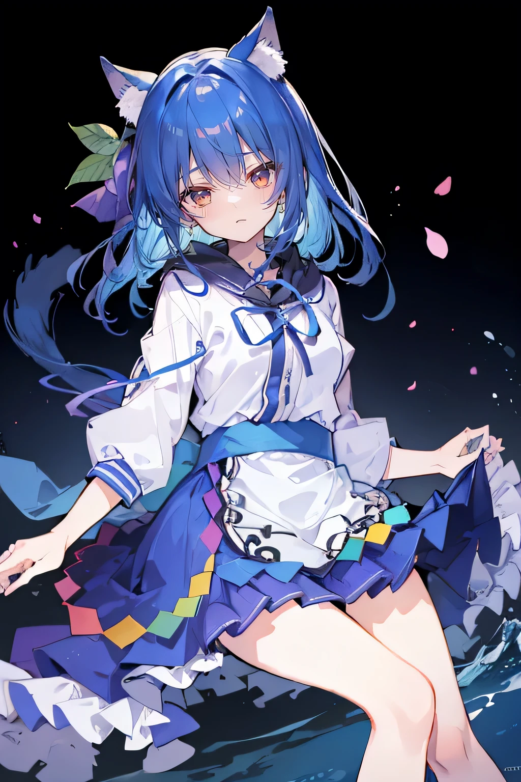 （masterpiece：1.2），Super detailed，lifelike，Expressive eyes，fair skin，perfect face shape，1 girl，
Japanese comics,Gorgeous blue hair,flowing blue hair,flowing clothes,Cat ears,Petals fall,beautiful lola,Baby Angel,
Shaking head with one hand，Lying gracefully on the ground，Cross your legs，Gentle and peaceful background，The pavilion is cool and comfortable,smile, wearing hoodie, background of tokyo.