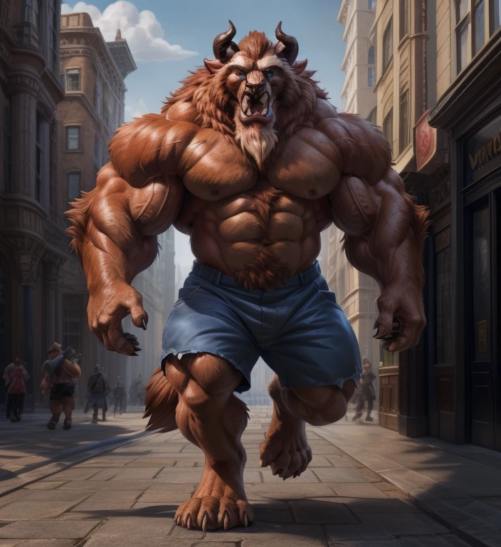 A photorealistic image of the Beast from the movie Beauty and the Beast, super muscular giant, with muscular arms, broad shoulders, giant and toned physique, bursting muscular veins, blue eyes, tail, super furry brown fur, backward facing horns, with veins jumping, barefoot, 50 meter tall supergiant in the center of a city, wearing a blue coat, Lora:, full height. 4K, high resolution, best quality, (strong pecs, big defined muscles, muscular shoulders), correct anatomy, (by Wfa:1.0), (by Takemoto Arashi:1.0), (by Taran Fiddler:0.5), sensual, (shorts red, topless), sensual shadows, slender posture, open mouth, exposed tongue, open eyes:1, detailed eyes