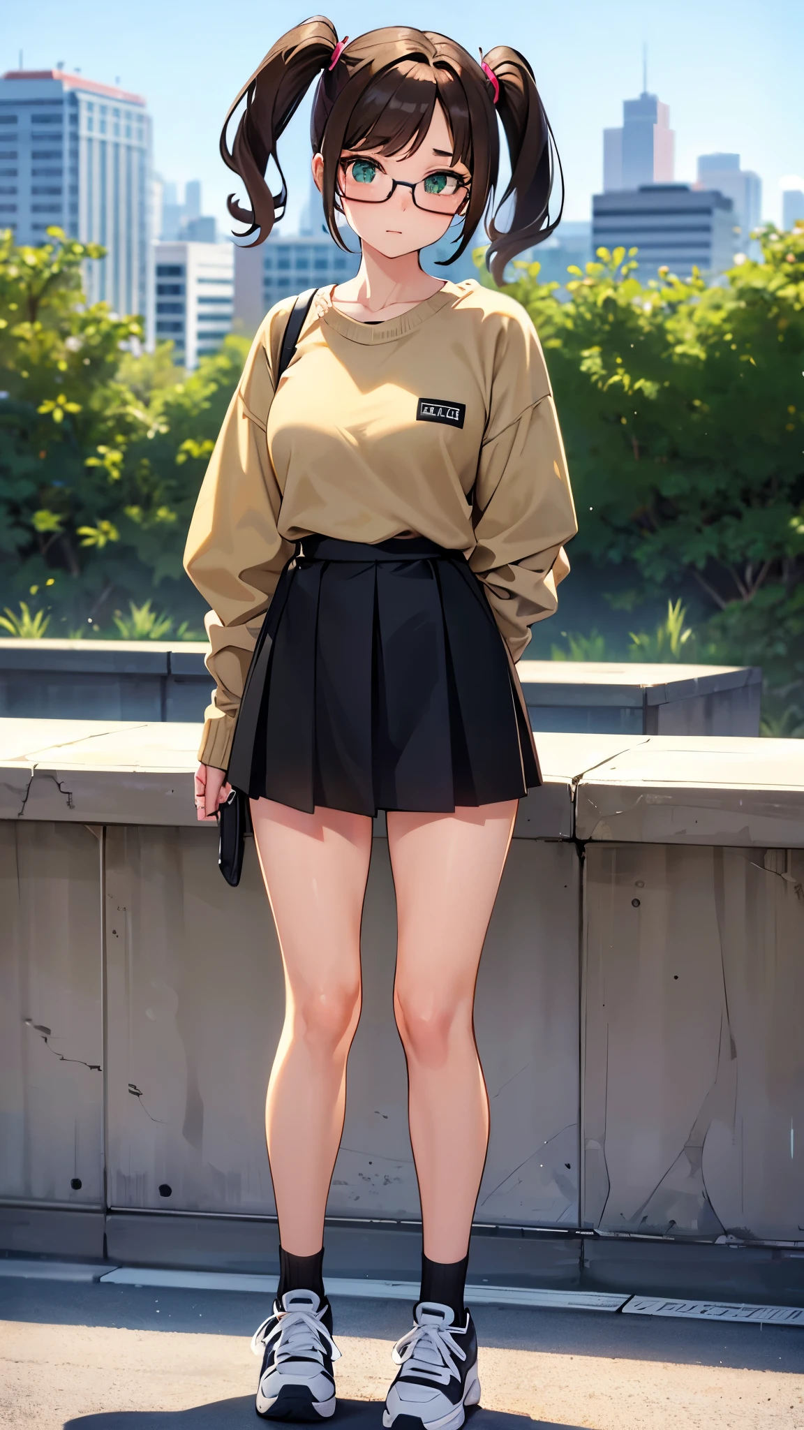 Girl, twintail short hair, brown hair, green eyes, glasses, hot girl, grey sweater, mini skirt, sneakers, city