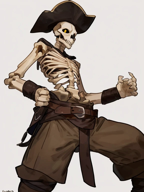 ((By Buta99, by Bebebebebe, best quality, masterpiece, perfect anatomy)), plain white background, white background, extremely detailed, full body portrait, solo, 1male, masterpiece, posing, pose, dynamic pose, serious, serious expression, armbands, armwraps, legwraps, legbands, barbarian tunic, brown trousers, brown pants, pirate, pirate hat, pirate tunic, tunic, shirtless, topless, covered up crotch, sfw, safe for work, belt around waist, belt around legs, skeleton, yellow eyes, bones, skull, skeleton body, weak, slim, thin, skinny,