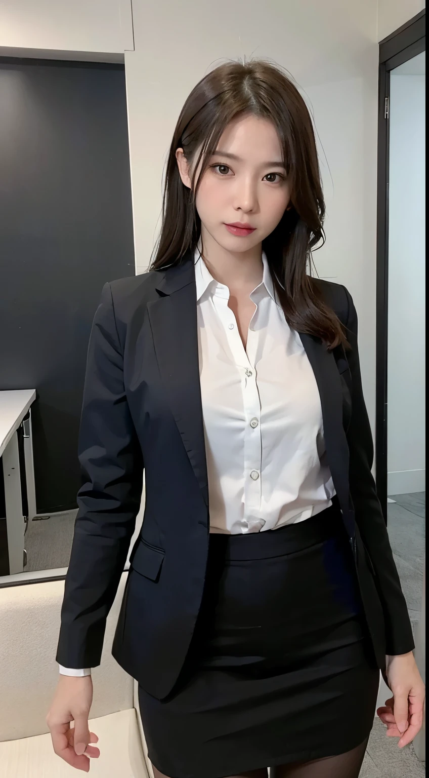An elegant, upper-class, elite secretary in a business shirt, Working in the office、厳格なbusiness suitを着用する, Wearing pantyhose、Wear high-quality high heels、 Girl in a shirt, business suitを着用する, business suitを着用する, business suitを着て, Businesswoman, Business Attire, 黒のbusiness suitを着ている, Wear a shirt and skirt, business suitを着た女性, business suit, business attire, RAW Photos, (8k、highest quality、masterpiece:1.2)、(Intricate details:1.4)、(Photorealistic:1.4)、Octane Rendering、Complex 3D rendering with ultra-detail, Studio Soft Light, Rim Light, Vivid details, Super Detail, Realistic skin texture, Detailed aspect, Beautiful details in the eyes, Highly detailed CG Unity 16k wallpaper, compensate, (Detailed Background:1.2), Exposed thighs!!!,
