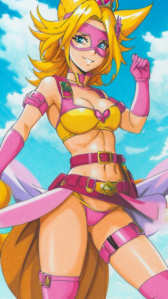 highest quality, (animation illustration), (pink border bikini, elbow gloves, boots, heroes belt, eye mask), (yellow hair), looking at the viewer with a smile, I got the crown, (Floating in the air)