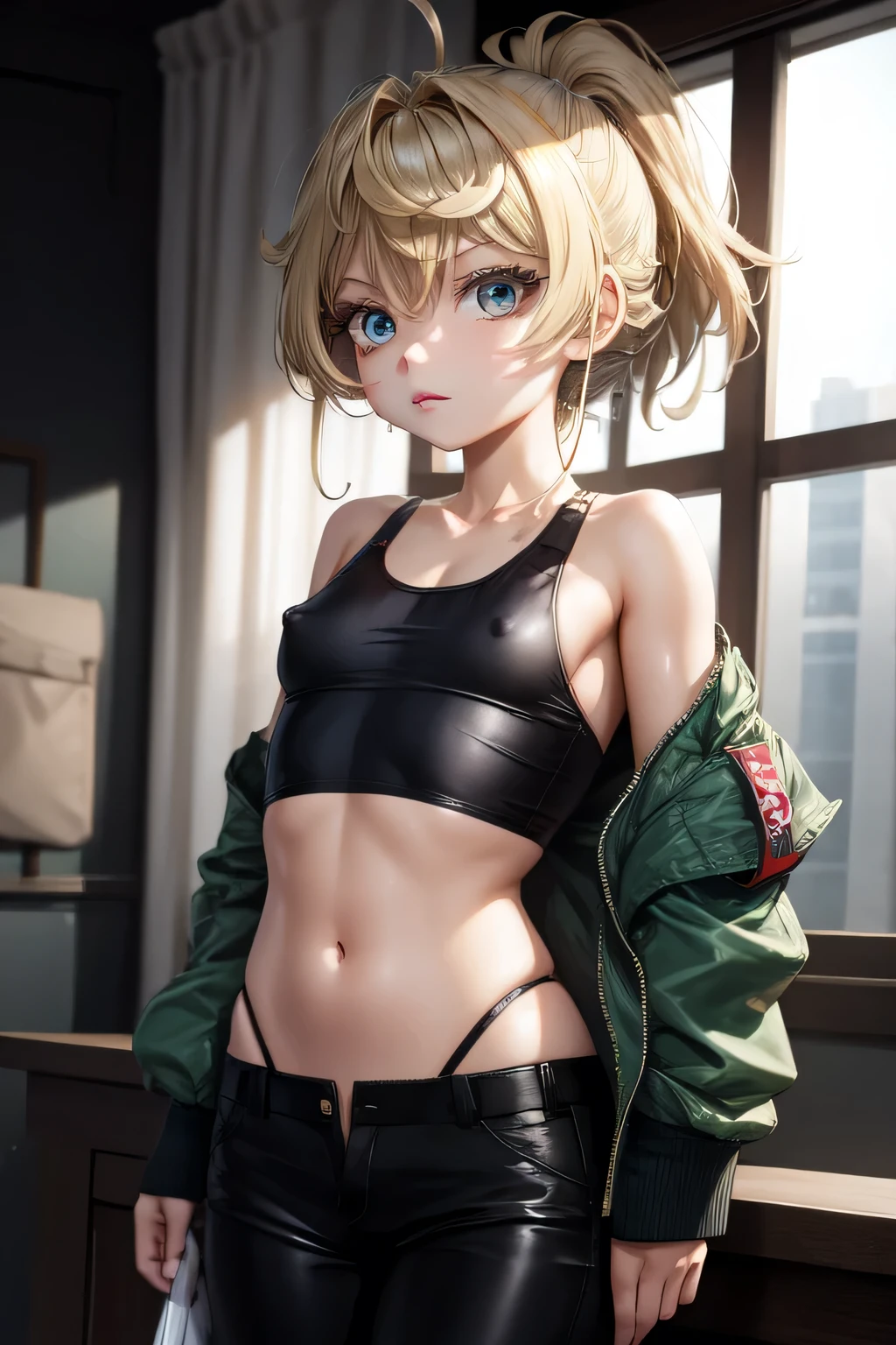AS-Younger, masterpiece, highest quality, One Girl, Tanya Short Hair, ponytail, Bomber jacket, Cowboy Shot, Tank top, pants,Shaving,,Micro Bikini,Transparent nippl