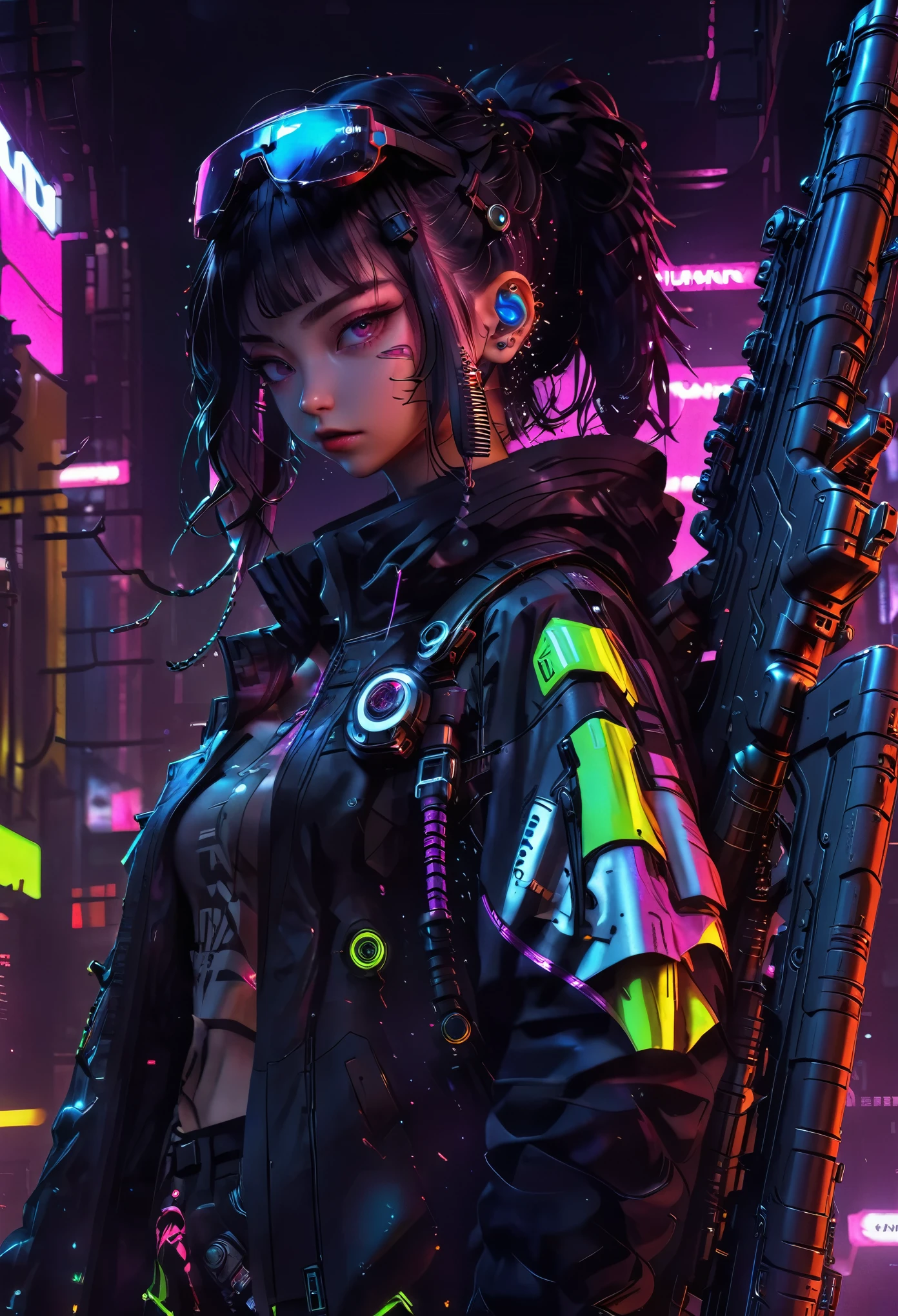 One girl、Neon Art、cyber punk、arms、Pistol、Rocket Launcher、missile